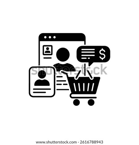 Shopper Insight Icon with Cart and User Profile in Black Flat Design