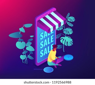 Shopper with laptop at huge mobile phone and online sale. Discount online, clearance sale, fashion sale and retail, special offer concept. Ultraviolet neon vector isometric 3D illustration.