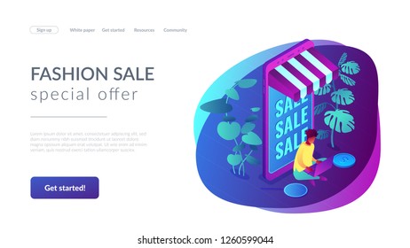 Shopper with laptop at huge mobile phone and online sale. Discount online, clearance sale, fashion sale and retail, special offer concept.Isometric 3D website app landing web page template