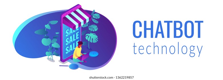 Shopper with laptop at huge mobile phone and online sale. Discount online, clearance sale, fashion sale and retail, special offer concept. Isometric 3D banner header template copy space.