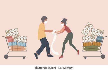 Shopper male and female fight for the toilet paper and hoarding food to prepare for the worst in virus spreads