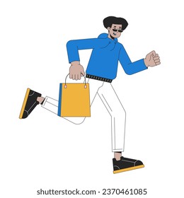 Shopper male running with boutique bag 2D linear cartoon character. Hispanic man in sunglasses in rush isolated line vector person white background. Shopaholic hurrying color flat spot illustration