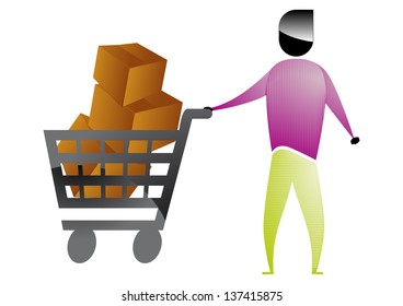 shopper man with a cart full of boxes