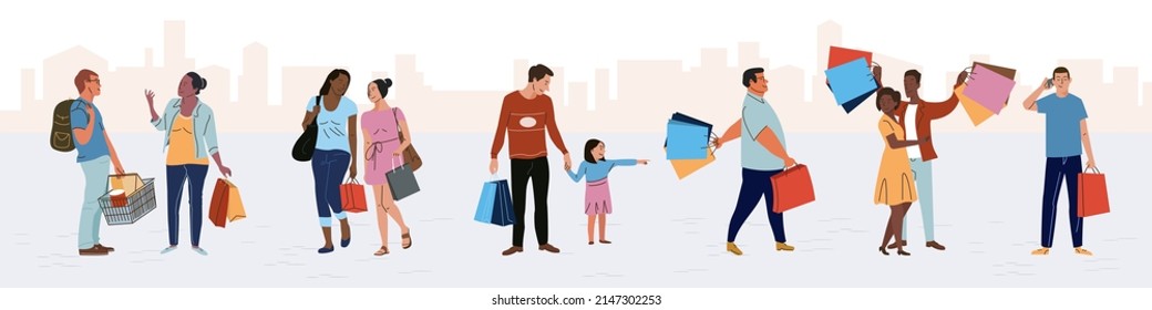 Shopper people walk with shopping bags full of purchases set vector illustration. Cartoon family customers with kids, man and woman buy gifts in store isolated on white. Shop, lifestyle concept