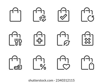 Shopper und Plastiktüten variieren Vektorgrafiken. Lieferpackung und Beutel für verschiedene Zwecke Umrisssymbol Set.