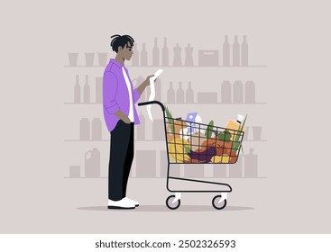 A shopper reviews their grocery list, standing beside a cart overflowing with items in a well-organized store setting