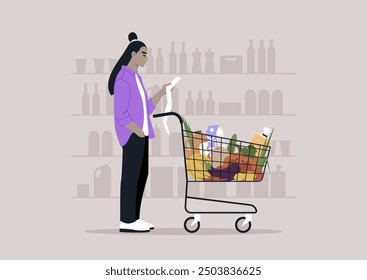 A shopper reviews their grocery list, standing beside a cart overflowing with items in a well-organized store setting