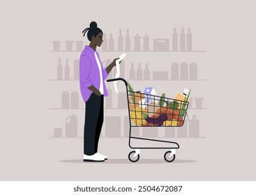 A shopper reviews their grocery list, standing beside a cart overflowing with items in a well-organized store setting