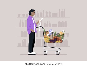 A shopper reviews their grocery list, standing beside a cart overflowing with items in a well-organized store setting