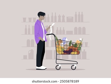 A shopper reviews their grocery list, standing beside a cart overflowing with items in a well-organized store setting