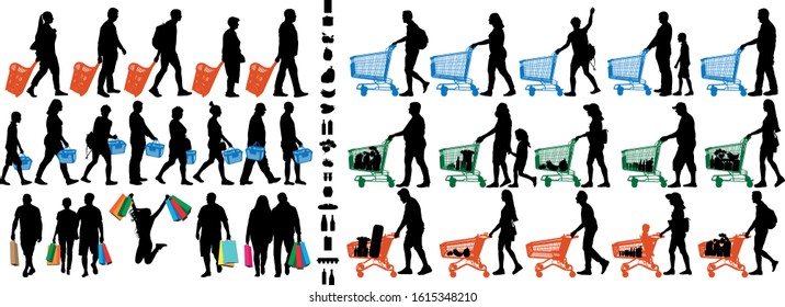 Shopper silhouette. People with shopping carts and grocery baskets. Vector silhouette set