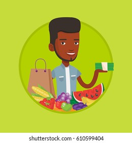 Comprador de pie en la mesa con compras de comestibles. Comprador sosteniendo dinero en la mano frente a la mesa con compras de comestibles. Ilustración de diseño plana vectorial en el círculo aislado en el fondo.
