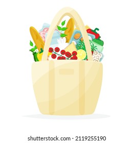 Shopper tote bag full of grocery food products. Vector flat illustration.