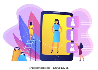 Shopper trying on clothes size and style in virual fitting room on tablet. Virtual fitting room, online dressing, e-commerce clothing room concept. Bright vibrant violet vector isolated illustration