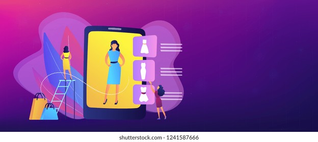 Shopper trying on clothes size and style in virual fitting room on tablet. Virtual fitting room, online dressing, e-commerce clothing room concept. Header or footer banner template with copy space.