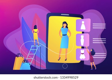 Shopper trying on clothes size and style in virual fitting room on tablet. Virtual fitting room, online dressing, e-commerce clothing room concept. Bright vibrant violet vector isolated illustration
