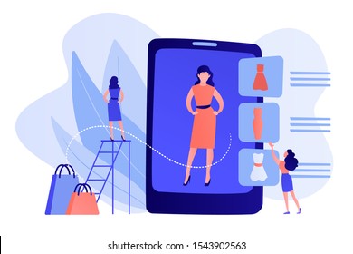 Shopper trying on clothes size and style in virual fitting room on tablet. Virtual fitting room, online dressing, e-commerce clothing room concept. Pinkish coral bluevector isolated illustration