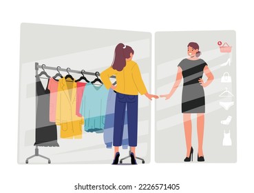 Comprador Que Trata Sobre El Tamaño Y Estilo De La Ropa En Sala De Estar Virtual. Vestido en línea, e-commerce Concept. Personajes Femeninos Mirando en Espejo con Imagen Ai. Ilustración de vectores de personas de caricatura