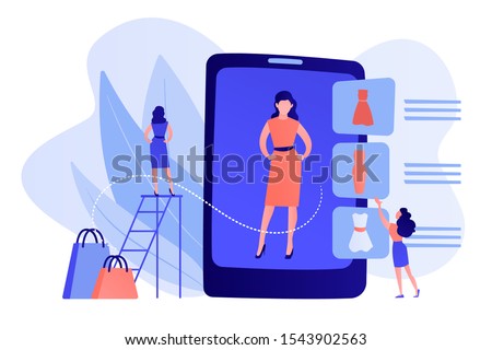 Vector Shopper trying on clothes size and style in virual fitting room on tablet. Virtual fitting room, online dressing, e-commerce clothing room concept. Pinkish coral bluevector isolated illustration