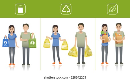 Shopper usou diferentes séries de sacos para fazer compras no supermercado. Ideia de pessoas para a Eco-vida. Personagem dos clientes.