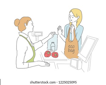 Shopper used eco bag for shopping in supermarket. Eco-life. Customer character. Rejection of a plastic bag