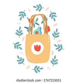Shopper with vegan products. shopping.Go green. Durable and reusable items or products .Eco style.No plastic. Go green. Greeting card with shopper with vegetables, fruits.consumption.Dessert for lunch