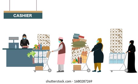 Shopper wearing protective face mask  to check out their groceries stock up food and necessities during the coronavirus pandemic vector concept