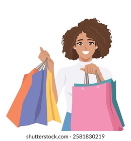 Shopper woman holding colorful shopping bags with joy and excitement. Flat vector Character Illustration