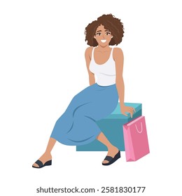 Shopper woman sitting on a box next to a shopping bag, enjoying a moment of rest. Flat vector Character Illustration