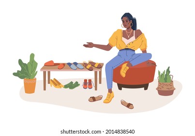 Shopper woman trying on best pair of shoes sitting on cosy chair in shop or store isolated flat cartoon character. Vector pretty choose perfect pair, pouf and table with modern sneakers, footwear