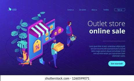 Shoppers buying with gadgets in online discount store. Outlet store and online sale, clearance and percent, ecommerce and special offer concept.Isometric 3D website app landing web page template