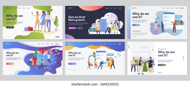 Shoppers buying goods set. Customers shopping online, garage sale, clothes store, review. Flat vector illustrations. Business, marketing concept for banner, website design or landing web page