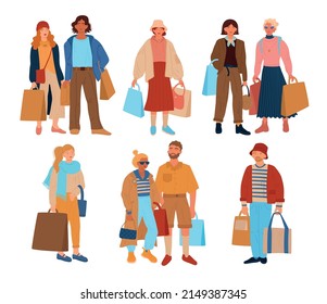 Shoppers characters. Funny people in trendy clothes with large paper bags. Modern young men and women make purchases. Shopping discounts and sale season. Vector