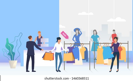 Shoppers choosing and buying clothes in shop. Fashion outlet, boutique concept. Vector illustration can be used for topics like business, shopping, sale