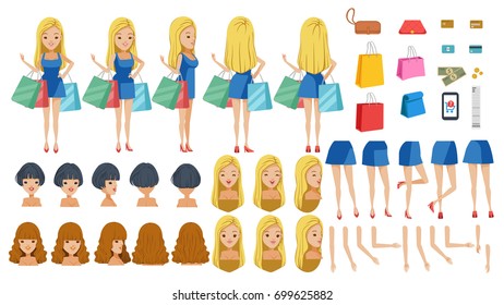 Shoppers Dress adolescence. animated character creation set. Icons with different types of faces, hair style, emotions,icon,front, rear, side view of female Young girl person. Moving arms,legs.vector
