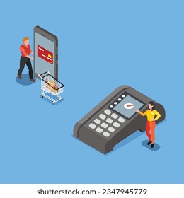 Shoppers and Electronic Data Capture machine isometric 3d vector concept for banner, website, illustration, landing page, flyer, etc