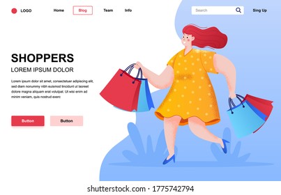 Shoppers flat landing page composition. Young woman in dress walking with shopping bags. Colorful people character with noise texture vector illustration. Seasonal discount offers and weekend shopping