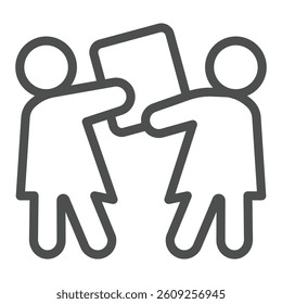 Shoppers with last one product box line icon, black friday concept. Vector graphics. Two women and package, shopping sign on white background, outline style icon for mobile or web design
