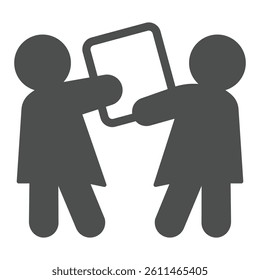 Shoppers with last one product box solid icon, black friday concept. Vector graphics. Two women and package, shopping sign on white background, glyph style icon for mobile or web design