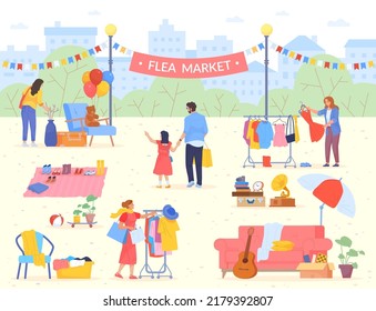 Shoppers on flea market. Outdoor bazaar seller, garage shop second hand jewelry swap used vintage clothes, street sale secondhand fair household product, swanky vector illustration