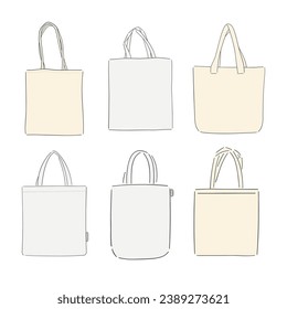 Shoppers set. Cloth Tote bag with handle, white cotton reusable shopping and grocery. Reusable, organic textile. Canvas made of fabric and eco linen. Isolated vector template.