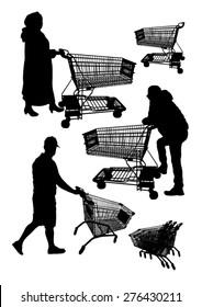 Shoppers with shopping carts silhouettes