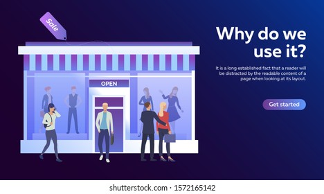 Shoppers standing near shop front. Business, shopping, sale flat vector illustration. Fashion or boutique concept for banner, website design or landing web page