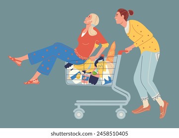 Shoppers in a store with cart full food . Happy couple shopping concept. Flat graphic vector illustration.