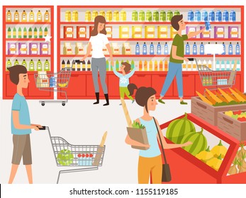 Shoppers in supermarket. Background illustrations of peoples near shelves of store. Supermarket store with shopper, market grocery vector