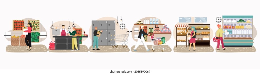 Shoppers in supermarket, grocery store, food shop, market, flat vector illustration. People shopping with trolley basket