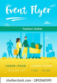 Shoppers walking past fashion outlet window. Customers wheeling cart with bags and packages flat vector illustration. Consumerism, purchase concept for banner, website design or landing web page
