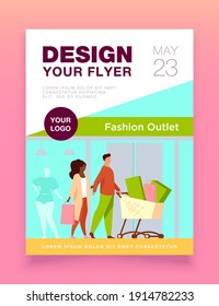Shoppers walking past fashion outlet window. Customers wheeling cart with bags and packages flat vector illustration. Consumerism, purchase concept for banner, website design or landing web page