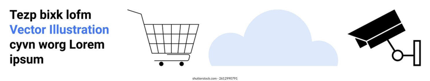 Shoppig cart, cloud storage symbol, and surveillance camera. Ideal for e-commerce, cloud services, security systems, technology, and retail business. Banner for landing page