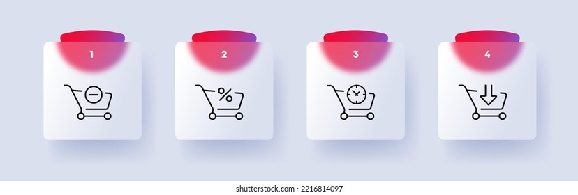 Shoppig carts with website buttons set icon. Arrow, minus, percent, clock, add, buy, purchase, discount, low price, cheap. Sale concept. Glassmorphism. Vector line icon for Business and Advertising.